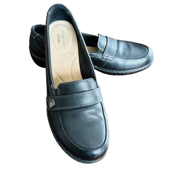 Clark's Women's Cora Daisy Loafers Size 10M Black Tumbled Leather Casual EUC - Picture 1 of 10